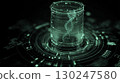 Futuristic holographic display showing DNA structure inside cylindrical container, with glowing digital lines and data points creating high tech scientific visualization, evoking advanced 130247580
