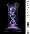 Futuristic holographic display shows DNA strands and digital data, creating high tech, sci fi scene with glowing purple and blue lights inside transparent cylindrical container 130247581