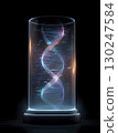 Futuristic holographic display shows DNA strands and digital data visualization in glass cylinder with glowing effects and dark background, representing advanced technology and science innovation 130247584