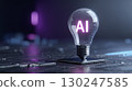 Light bulb with letters AI inside floating above circuit board, symbolizing innovation and artificial intelligence technology, with dark background and glowing effects 130247585