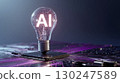 Digital illustration of light bulb with letters AI inside floating above microchip, symbolizing artificial intelligence technology and innovation, with dark background and glowing effects 130247589