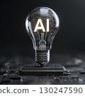 Digital illustration of light bulb with letters AI inside floating above circuit board, symbolizing artificial intelligence and innovation, with dark background and glowing effects 130247590