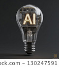 Light bulb with letters AI inside floating above electronic circuit board, representing artificial intelligence technology and innovation, illuminated against dark background 130247591