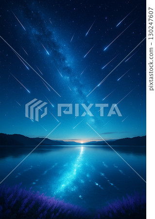 A fantastical blue scene with a meteor shower reflected on the lake surface 130247607
