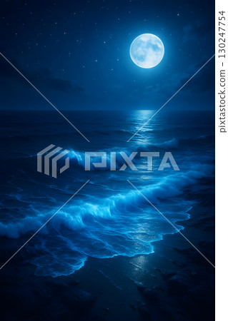 The magical night sea with waves of glowing blue sea sparkles in the moonlight The magical night sea with waves of glowing blue sea sparkles in the moonlight 130247754