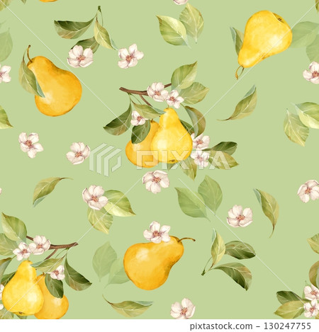 Hand-drawn illustration of a seamless pattern with yellow pears, delicate blossoms, and green leaves on a light green background 130247755
