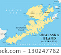 Unalaska Island, Alaska, United States, political map. Part of the Fox Islands of the Aleutian Islands. Unalaska covers part of the island and neighboring Amaknak Island where Dutch Harbor is located. 130247762