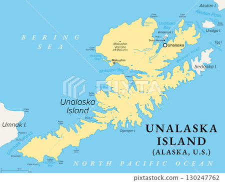 Unalaska Island, Alaska, United States, political map. Part of the Fox Islands of the Aleutian Islands. Unalaska covers part of the island and neighboring Amaknak Island where Dutch Harbor is located. Unalaska Island, Alaska, United States, political map. Part of the Fox Islands of the Aleutian Islands. Unalaska covers part of the island and neighboring Amaknak Island where Dutch Harbor is located. 130247762