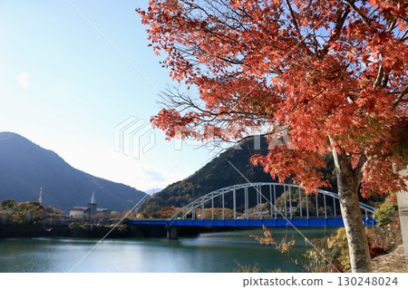 A bridge over Lake Tanzawa with autumn leaves 130248024