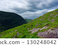 The rolling, grassy hills meet in a valley. Scattered rocks dot the grassy landscape under a cloudy sky. This is the Gap of Dunloe in County Kerry, Ireland during summertime. 130248042