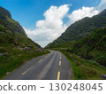 A winding road cuts through a lush green valley, nestled between imposing mountains under a vibrant blue sky dotted with fluffy white clouds. The scene evokes a sense of adventure and tranquility. 130248045