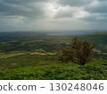 A scenic vista reveals Ireland's undulating terrain near the Gap of Dunloe. Lush greenery leads to a distant lake shimmering under a cloudy, expansive sky. 130248046