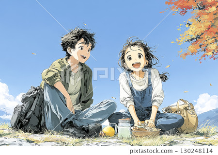 Children enjoying a picnic with friends in the autumn park | Smiles, sunny autumn weather, outdoor leisure 130248114