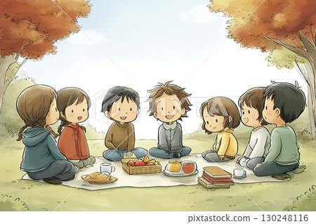 Children enjoying a picnic with friends in the autumn park | Smiles, sunny autumn weather, outdoor leisure 130248116