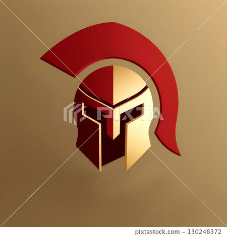 Spartan Helmet Logo with Red Plume and Gold Face Symbol of Ancient Greece 130248372