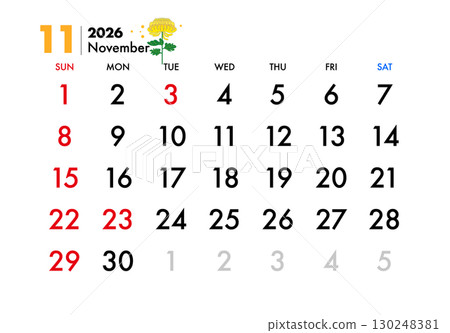 2026年，日曆，十一月，菊花 130248381