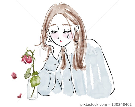 Withered flowers and sad crying woman 130248401