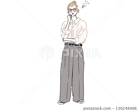 一位雙臂交叉思考的女人的全身插圖 130248406