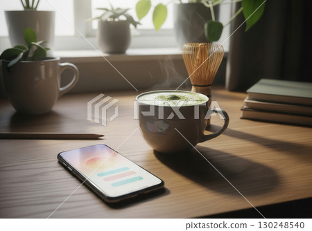 Cozy workspace with matcha and phone Cozy workspace with matcha and phone 130248540
