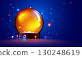Snow globe vector template. Empty glass snowball with snow, snowflakes. Template Glass snow globe or ball Christmas decorative design. Podium under transparent glass sphere with glow lights. Xmas. 130248619