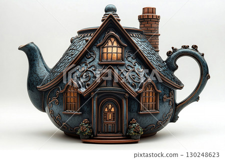 Kitchen object presentation. Ceramic teapot in shape of an English house on a white background. Classic style. 130248623