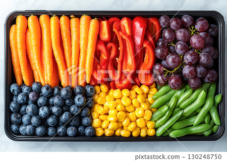 Lunch box in a gradient of colors: featuring red bell peppers, orange carrots, yellow corn, green beans, blueberries and purple grapes. Lunch box in a gradient of colors: featuring red bell peppers, orange carrots, yellow corn, green beans, blueberries and purple grapes. 130248750