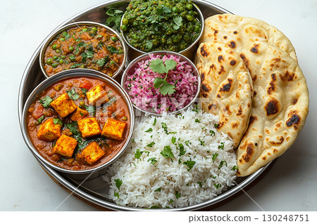 Indian Tiffin lunch box. Traditional Indian stainless steel tiffin with rice, dal, paneer curry and naan bread. Indian Tiffin lunch box. Traditional Indian stainless steel tiffin with rice, dal, paneer curry and naan bread. 130248751
