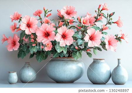 Perfect for eco-conscious branding. Big Hibiscus bush in vintage pot with fleshy leaves and pink flowers on a white background. 130248897