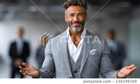 A man in a gray suit standing in front of a group of people A man in a gray suit standing in front of a group of people 130249109