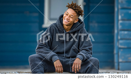 A young man sitting on a bench in front of a blue house A young man sitting on a bench in front of a blue house 130249116