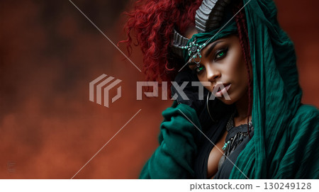 A woman with red hair wearing a green headdress and horns 130249128