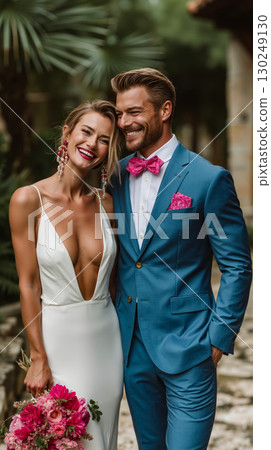 A bride and groom in a blue suit and pink bow tie 130249130