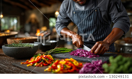 A man in an apron chopping vegetables on a cutting board 130249131