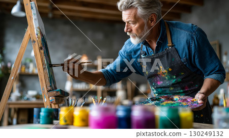 A man in an apron painting on an easel in a studio 130249132