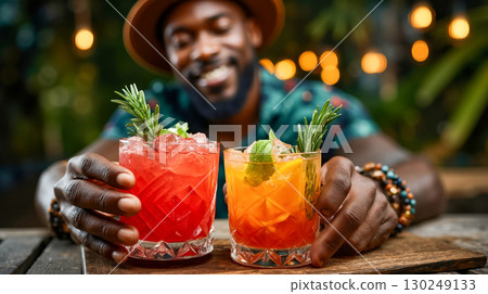 A man in a hat holding two glasses of drinks 130249133
