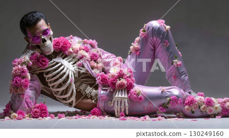 A woman in a skeleton costume laying on the ground with flowers around her 130249160