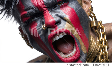 A man with his face painted in red, black and gold 130249181