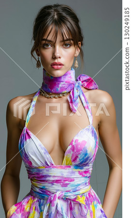 A woman in a colorful dress posing for a picture 130249185