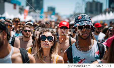 A group of people wearing sunglasses and hats at a festival 130249241