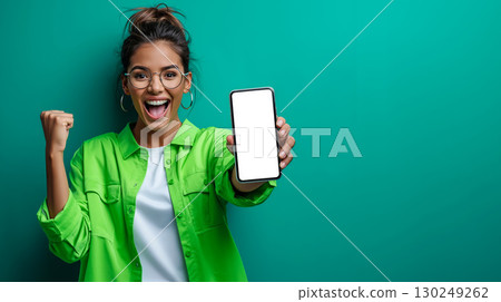 A woman in a green shirt holding up a white phone with a blank screen 130249262