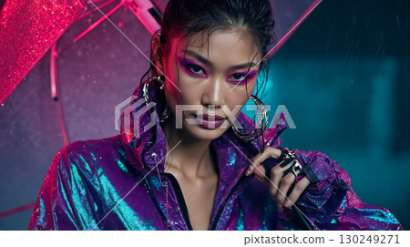A woman in a purple jacket holding an umbrella in the rain 130249271