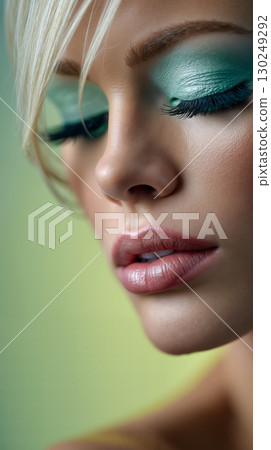 A woman with a green eye makeup and long eyelashes 130249292