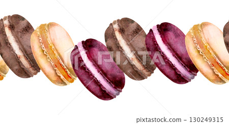 Side view of French macaron cakes, whoopie pie souffle filled cookies in seamless line. Watercolor isolated hand painted illustration. Repeat header prints, cooking-themed borders, food banner bundles 130249315