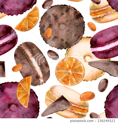 Macarons with rich chocolate mousse filling, citrus slices and orange sweet dragee hand painted in watercolor. Isolated illustration for seamless prints, cooking-themed patterns, food art bundles Macarons with rich chocolate mousse filling, citrus slices and orange sweet dragee hand painted in watercolor. Isolated illustration for seamless prints, cooking-themed patterns, food art bundles 130249321