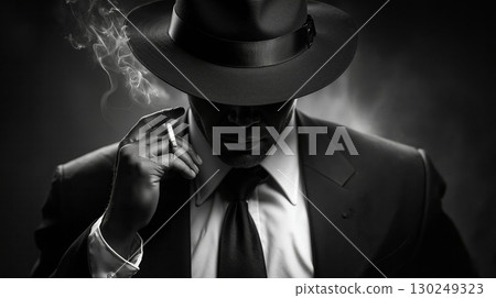A man in a suit and hat smoking a cigarette 130249323