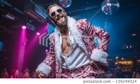 A man in a santa suit and sunglasses dancing at a party 130249324