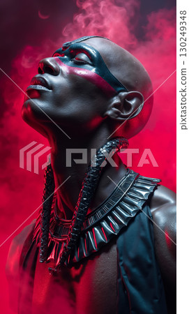 A man with a black mask and a red background 130249348