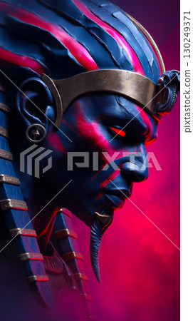 A close up of a woman with red and blue face paint 130249371