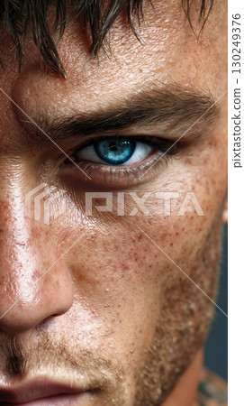 A close up of a man with blue eyes and freckles on his face 130249376
