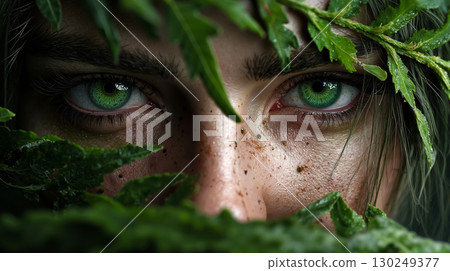 A close up of a woman's face surrounded by green leaves A close up of a woman's face surrounded by green leaves 130249377